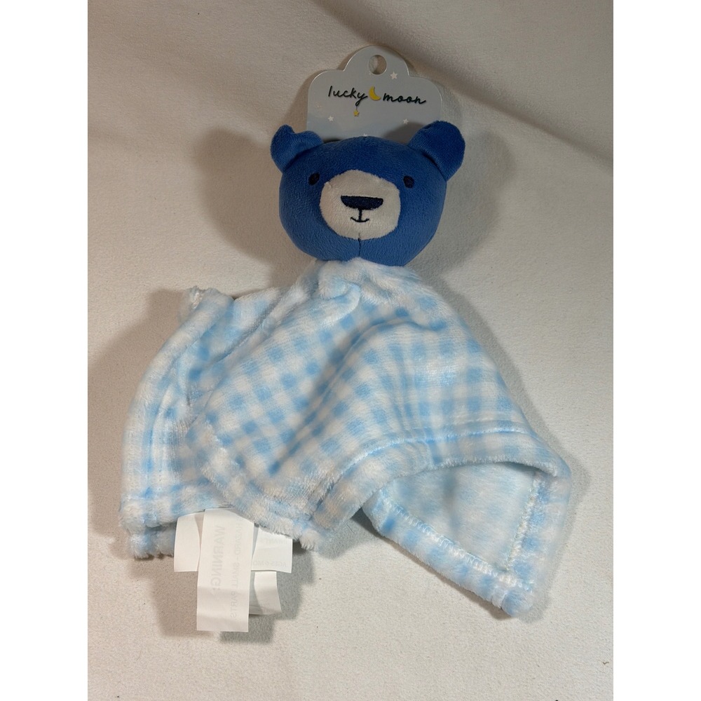 Lucky Moon Blue Bear Gingham Security Blanket Lovey 12x12 New